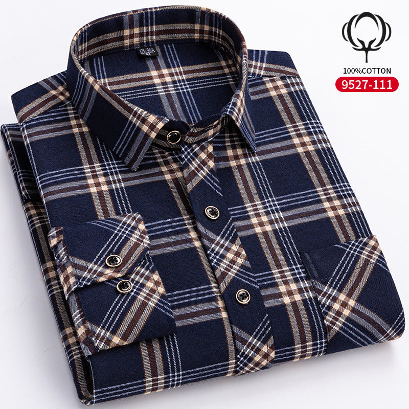 Mens Loose-fit Cotton Plaid Long-sleeve Shirt