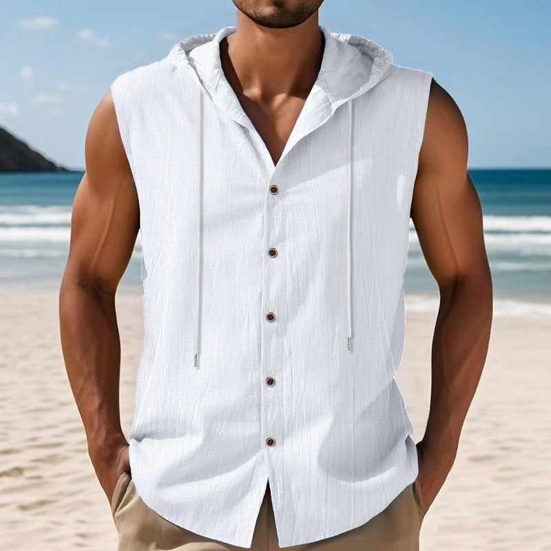 Mens Sleeveless Linen Hooded Shirt