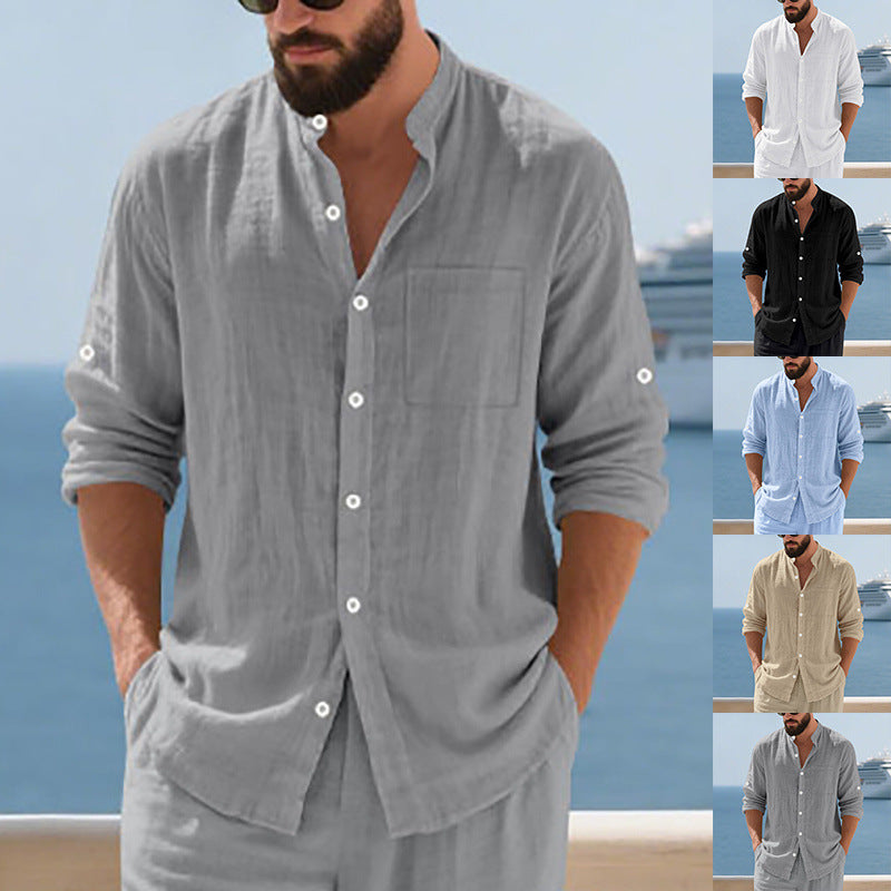 Breathable Linen Mens Button-Up Stand-Collar Long-Sleeve Shirt