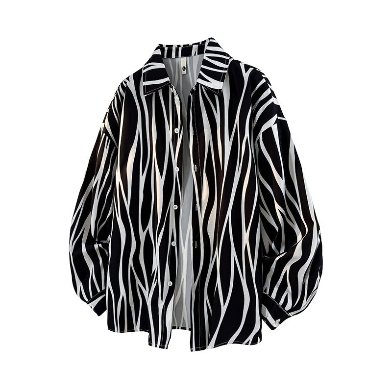 Mens Loose-fit Plus-size Striped Long-sleeve Shirt