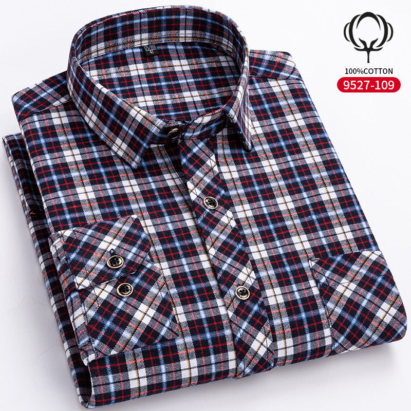 Mens Loose-fit Cotton Plaid Long-sleeve Shirt