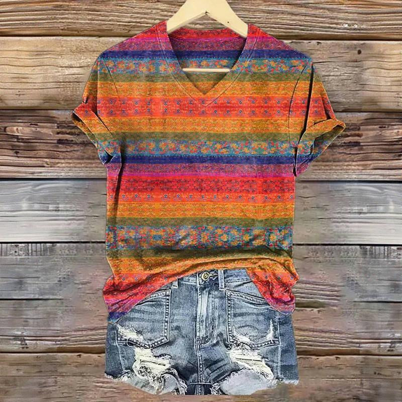 3D Digital Print T-Shirt Womens V-Neck Short-Sleeve Top