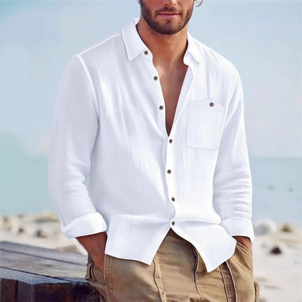 Mens Linen Loose-fit Solid-color Lapel Cardigan Shirt