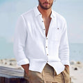 Mens Linen Loose-fit Solid-color Lapel Cardigan Shirt