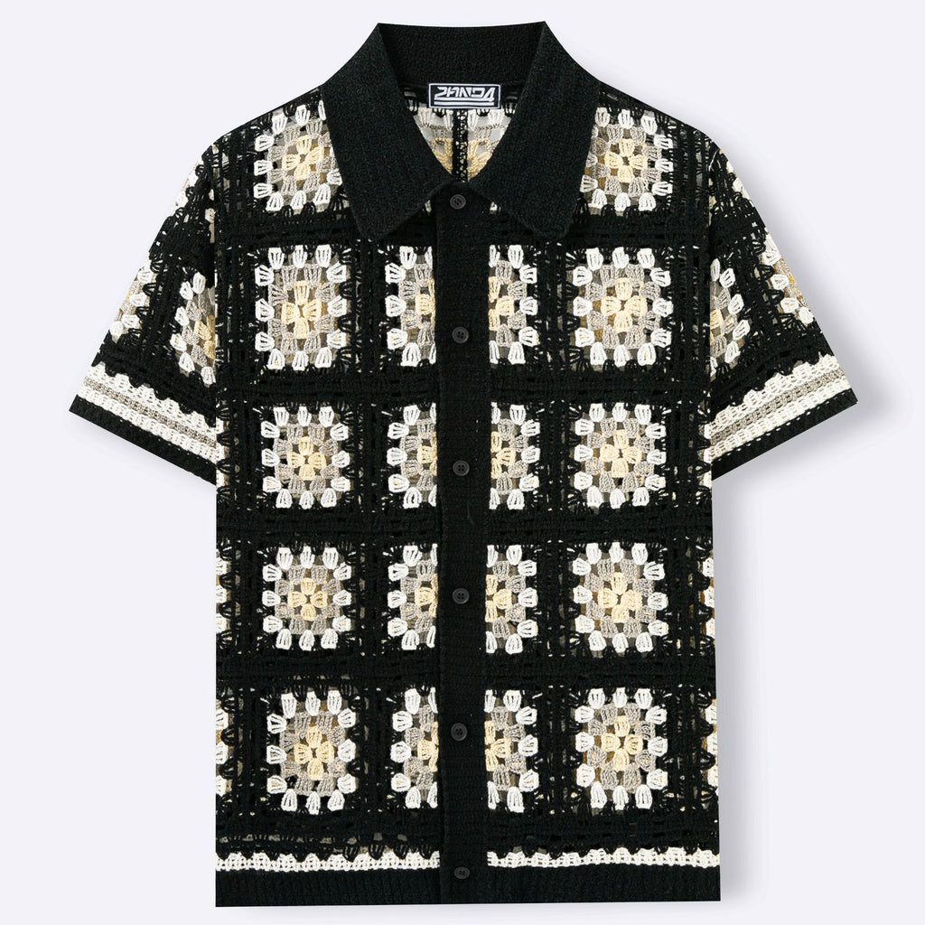 Mens Short-Sleeve Contrasting Color Crochet Hollow-Out Knit Sweater