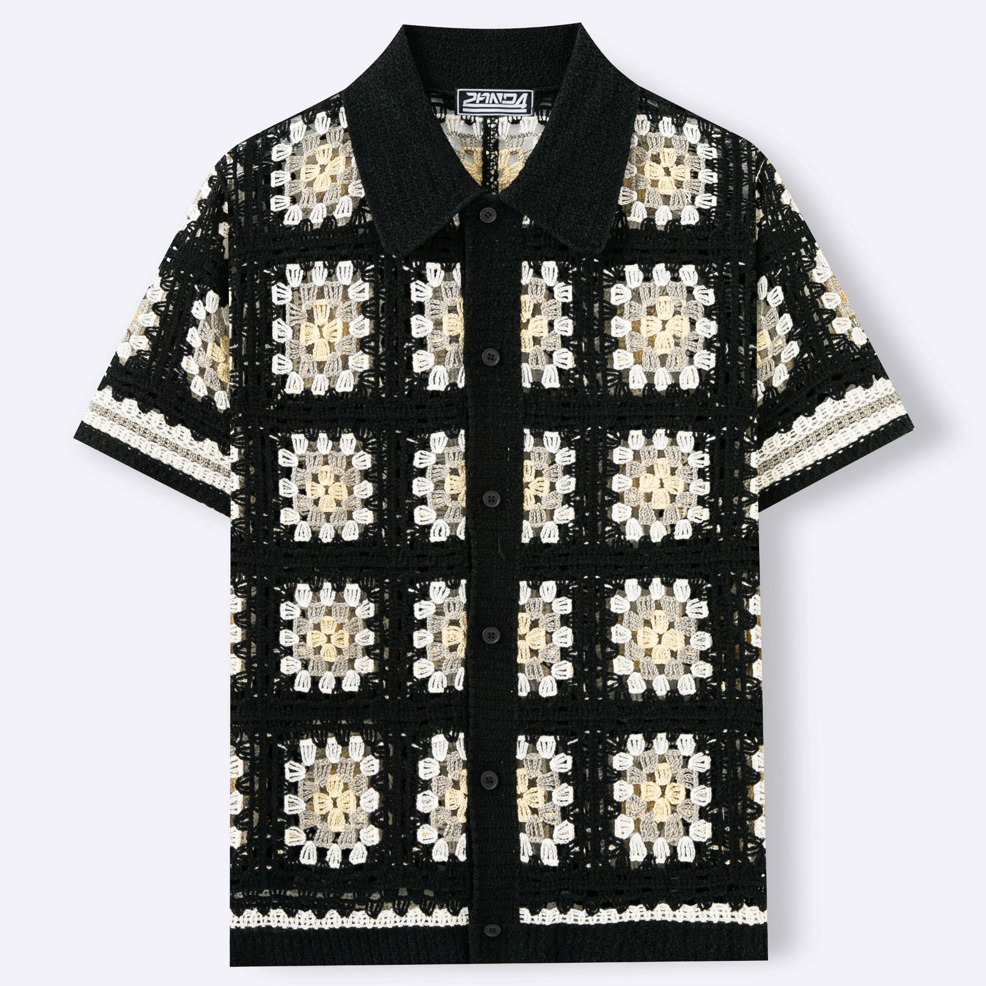 Mens Short-Sleeve Contrasting Color Crochet Hollow-Out Knit Sweater