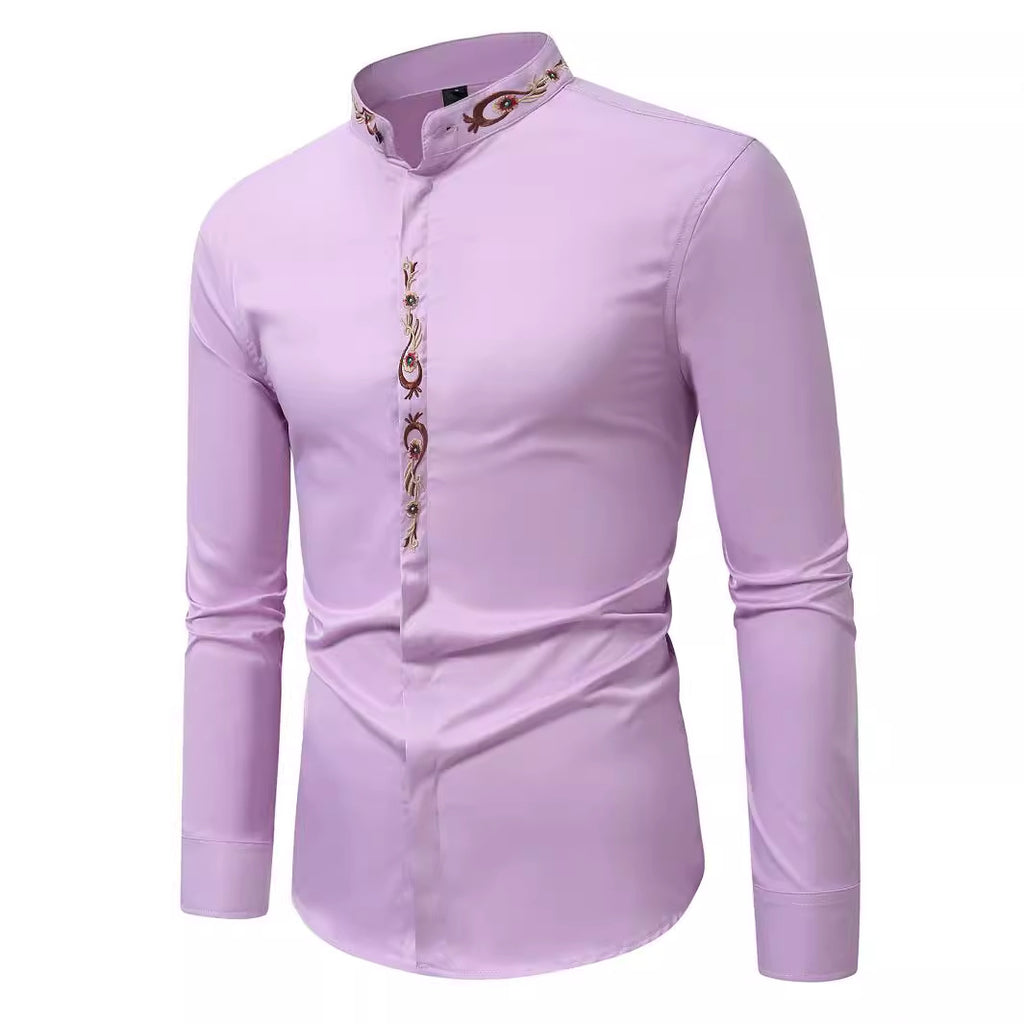 Mens Fashion Embroidered Casual Long-Sleeve Shirt