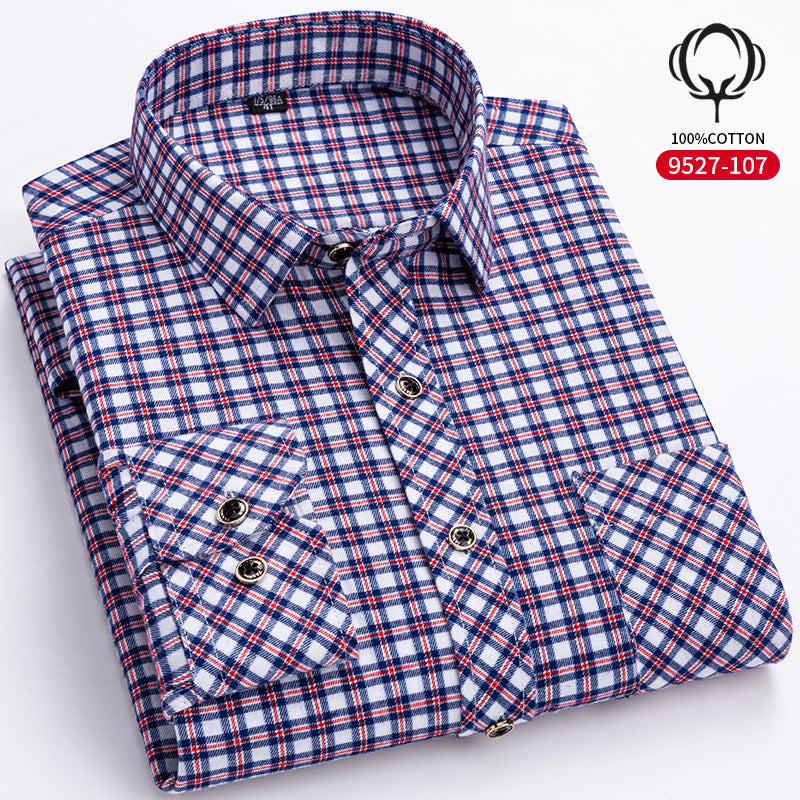 Mens Loose-fit Cotton Plaid Long-sleeve Shirt