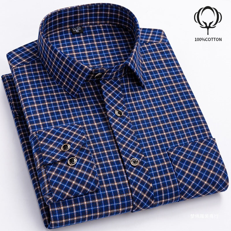 Mens Loose-fit Cotton Plaid Long-sleeve Shirt