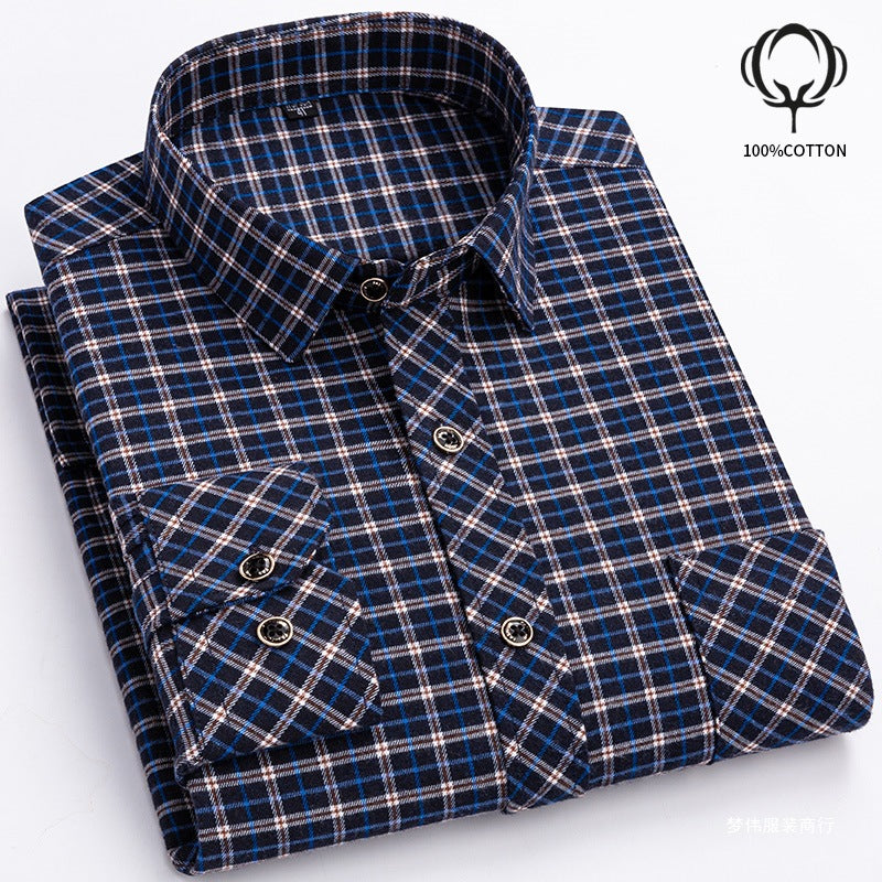 Mens Loose-fit Cotton Plaid Long-sleeve Shirt