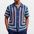 Mens Hollow-Out Cardigan Short-Sleeve Lapel Water-Soluble Knit Top