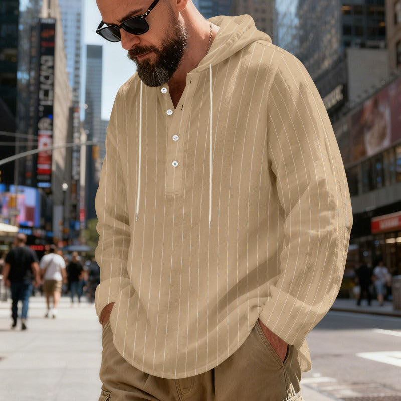 Mens Loose-Fit Plus-Size Casual Linen Striped Hooded Shirt