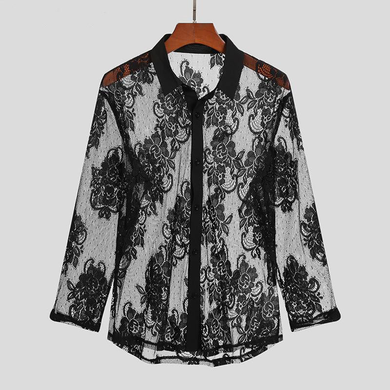 Mens Breathable Lace Long-Sleeve Mesh Shirt From Europe And The US