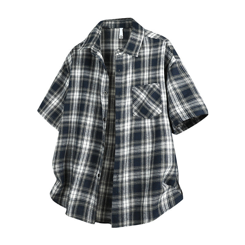 Mens Casual Short-sleeve Plaid Shirt Jacket