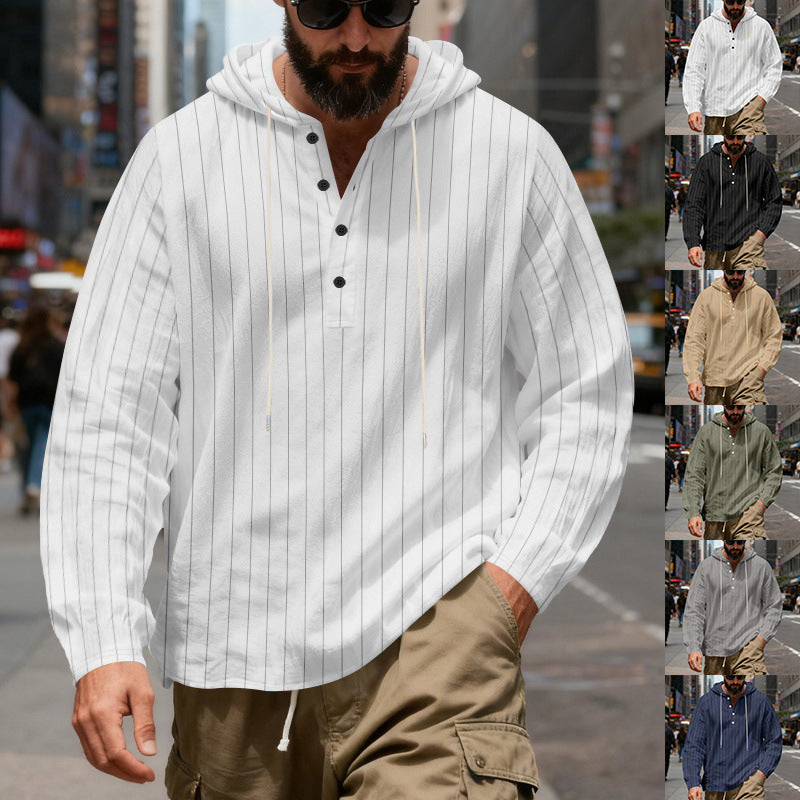 Mens Loose-Fit Plus-Size Casual Linen Striped Hooded Shirt