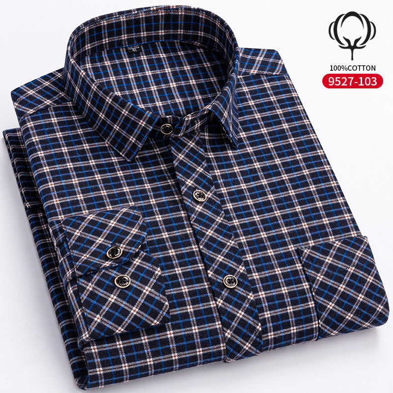 Mens Loose-fit Cotton Plaid Long-sleeve Shirt