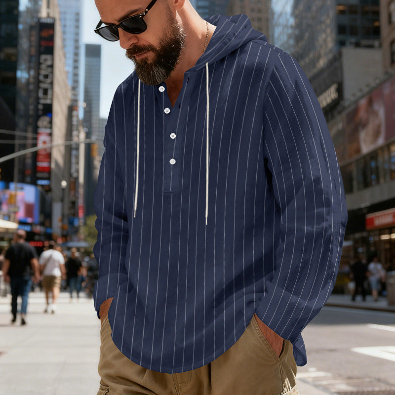 Mens Loose-Fit Plus-Size Casual Linen Striped Hooded Shirt