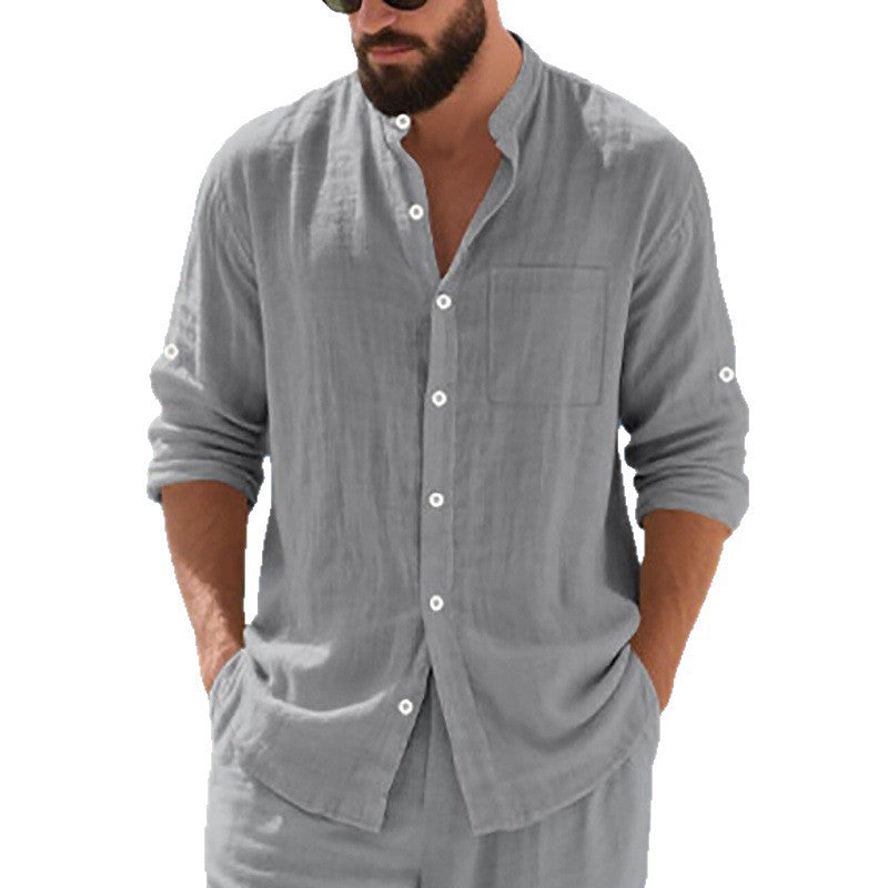 Breathable Linen Mens Button-Up Stand-Collar Long-Sleeve Shirt