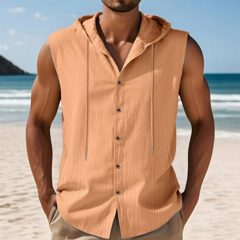 Mens Sleeveless Linen Hooded Shirt