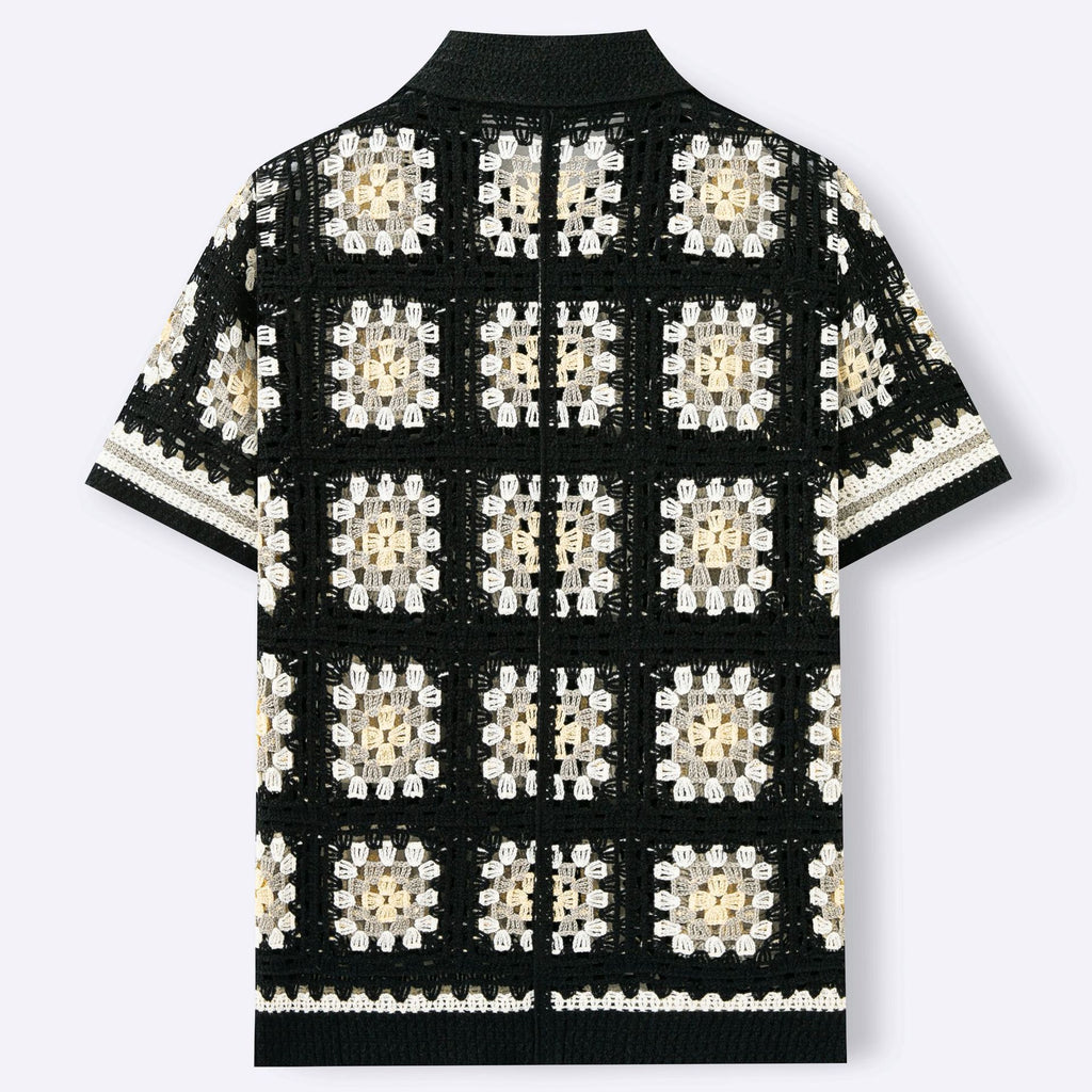 Mens Short-Sleeve Contrasting Color Crochet Hollow-Out Knit Sweater