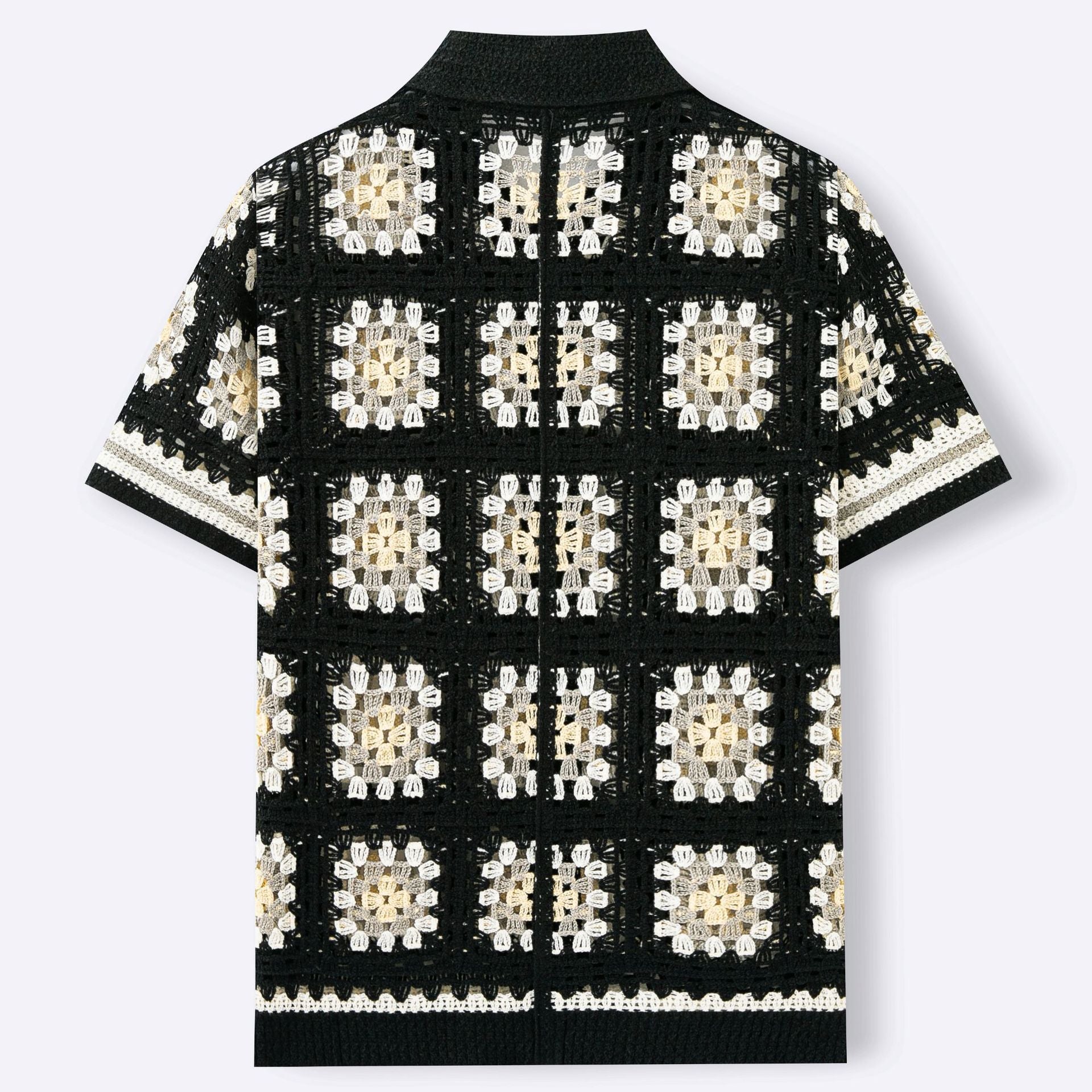 Mens Short-Sleeve Contrasting Color Crochet Hollow-Out Knit Sweater