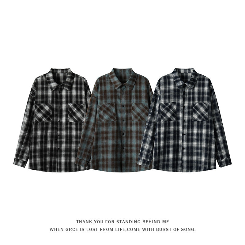 Mens Casual Retro Plaid Lapel Shirt