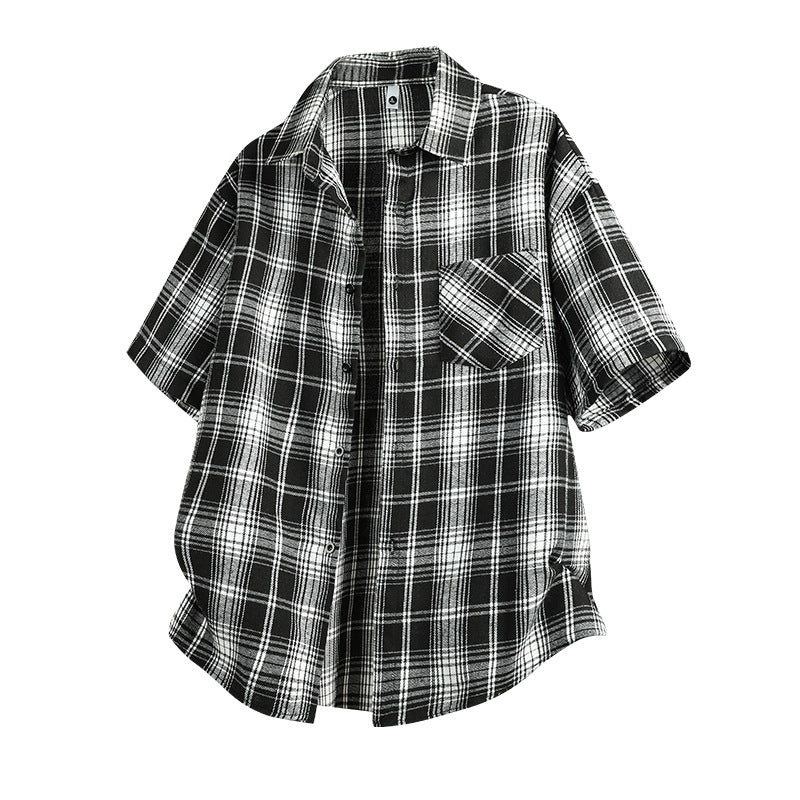 Mens Casual Short-sleeve Plaid Shirt Jacket