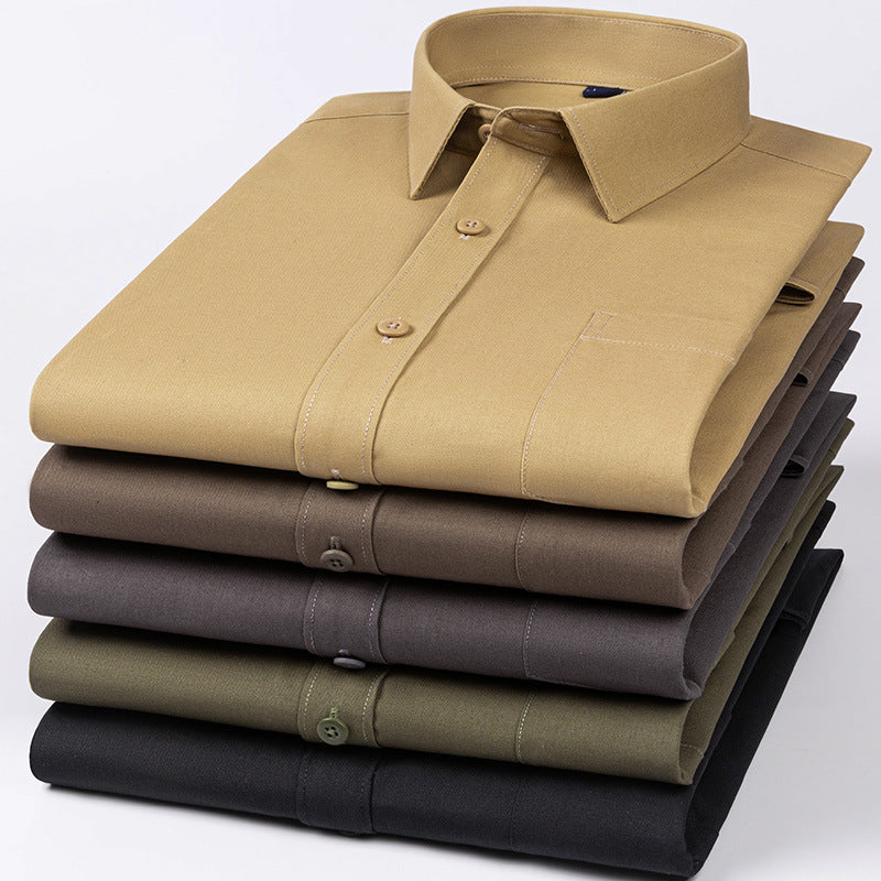 Spring Mens Khaki Cotton Long-sleeve Shirt