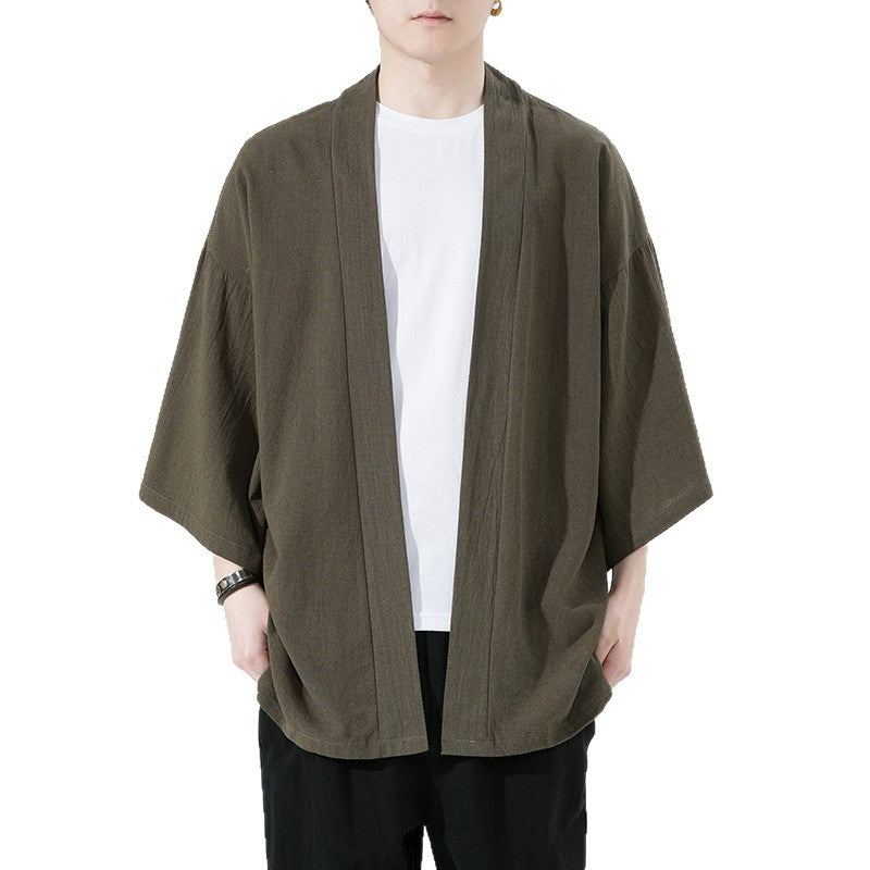 Mens Cotton-Linen Cardigan With Three-Quarter Sleeves