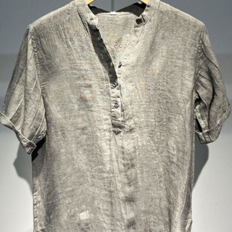 American-style Vintage Linen Crew-neck Short-sleeve Shirt