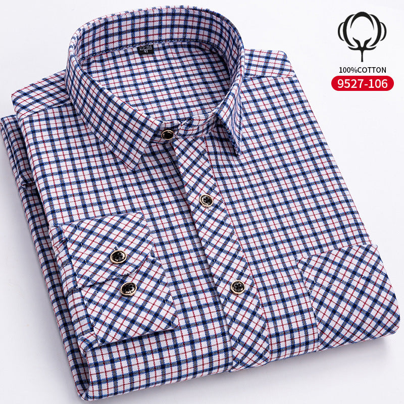 Mens Loose-fit Cotton Plaid Long-sleeve Shirt