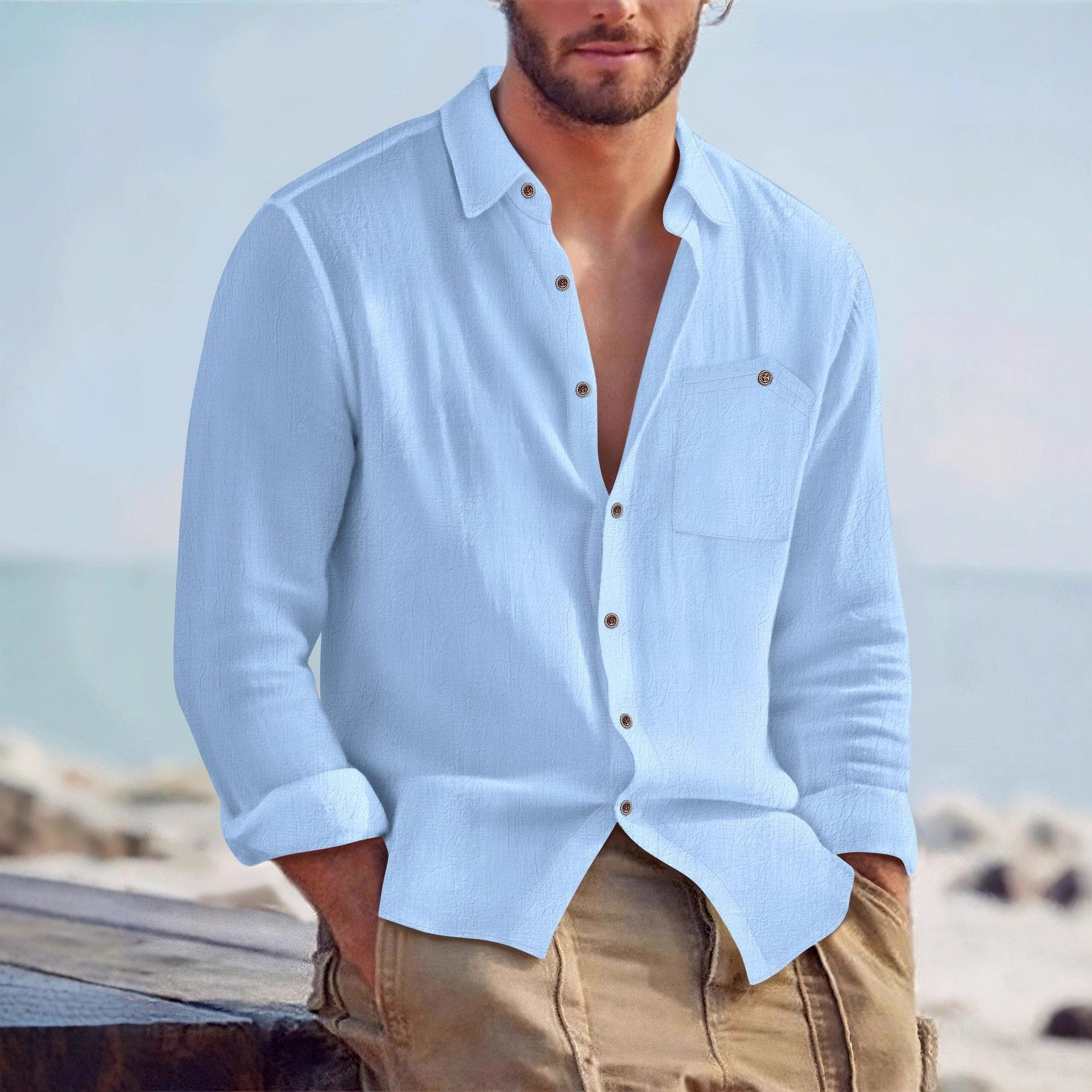 Mens Linen Loose-fit Solid-color Lapel Cardigan Shirt