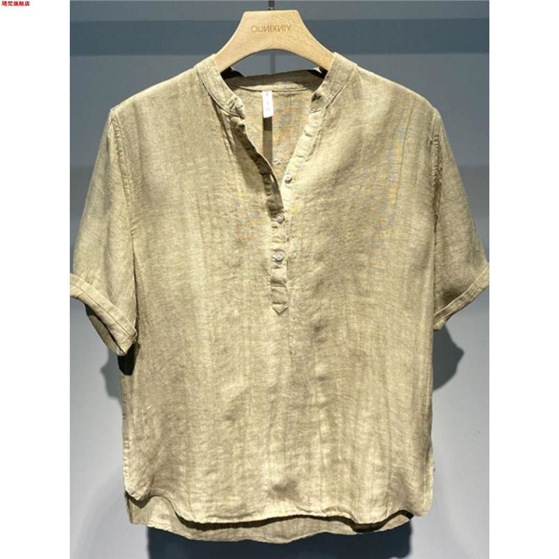 American-style Vintage Linen Crew-neck Short-sleeve Shirt