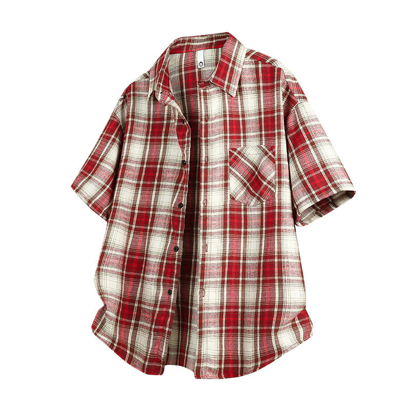 Mens Casual Short-sleeve Plaid Shirt Jacket