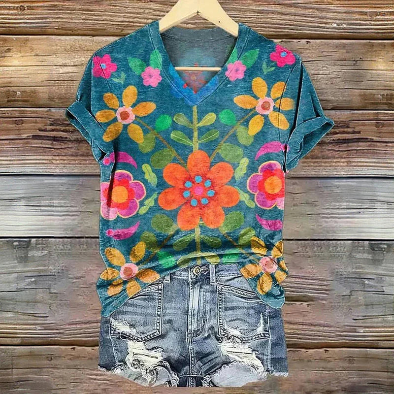 3D Digital Print T-Shirt Womens V-Neck Short-Sleeve Top