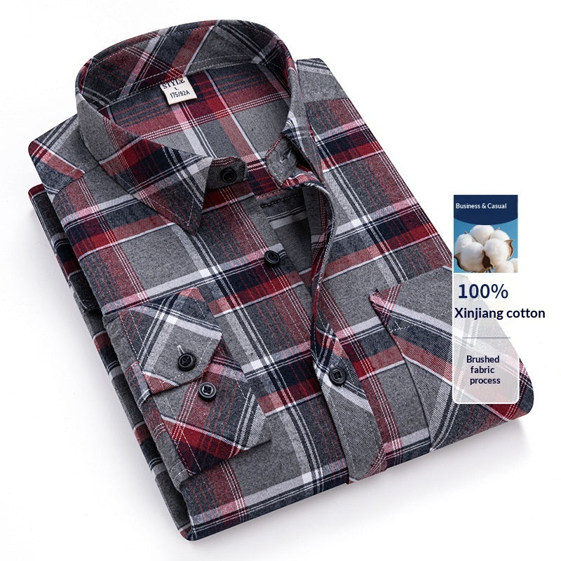Retro Brushed Long-sleeve Shirt Casual Cotton Plaid Shirt