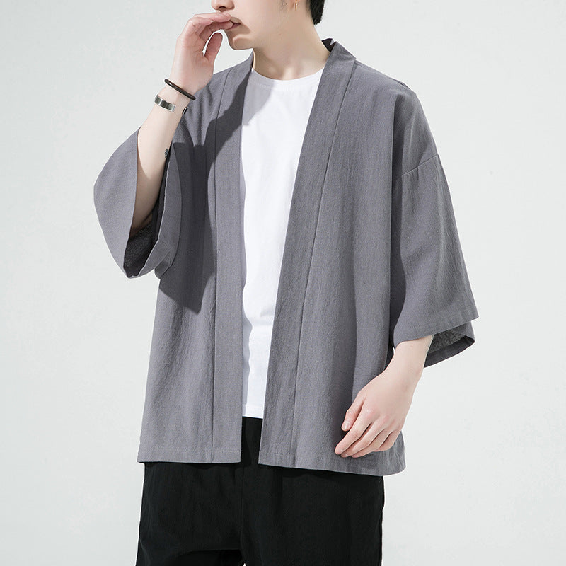 Mens Cotton-Linen Cardigan With Three-Quarter Sleeves