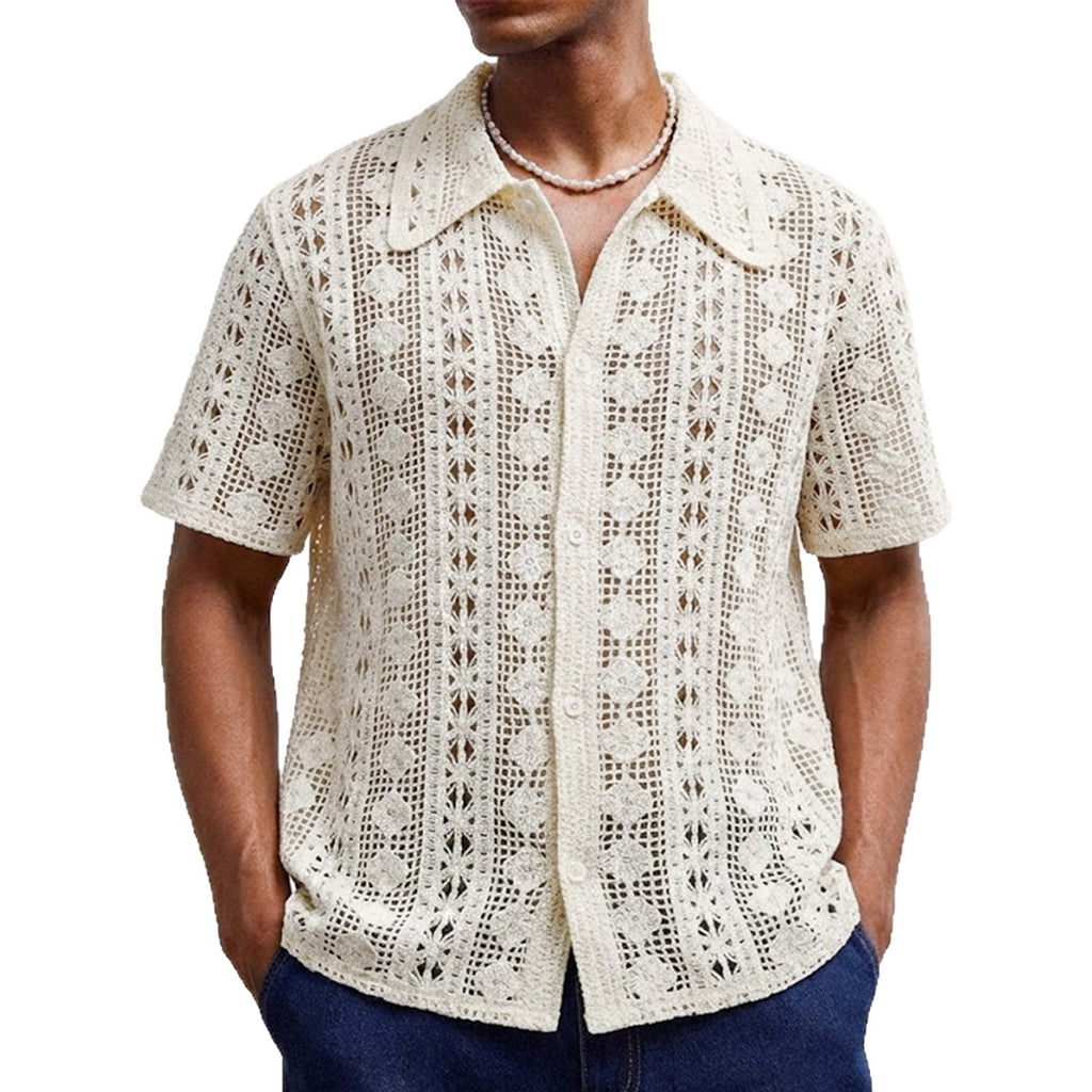 Mens Short-Sleeve Cardigan Crochet Hollow-Out Knitted Sweater
