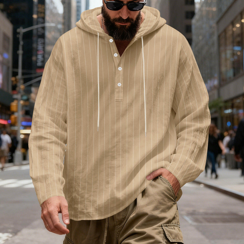 Mens Loose-Fit Plus-Size Casual Linen Striped Hooded Shirt