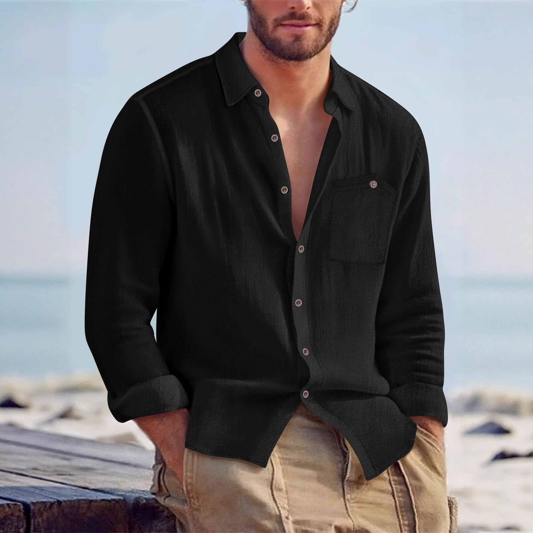 Mens Linen Loose-fit Solid-color Lapel Cardigan Shirt