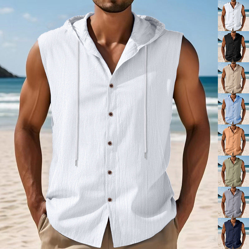 Mens Sleeveless Linen Hooded Shirt