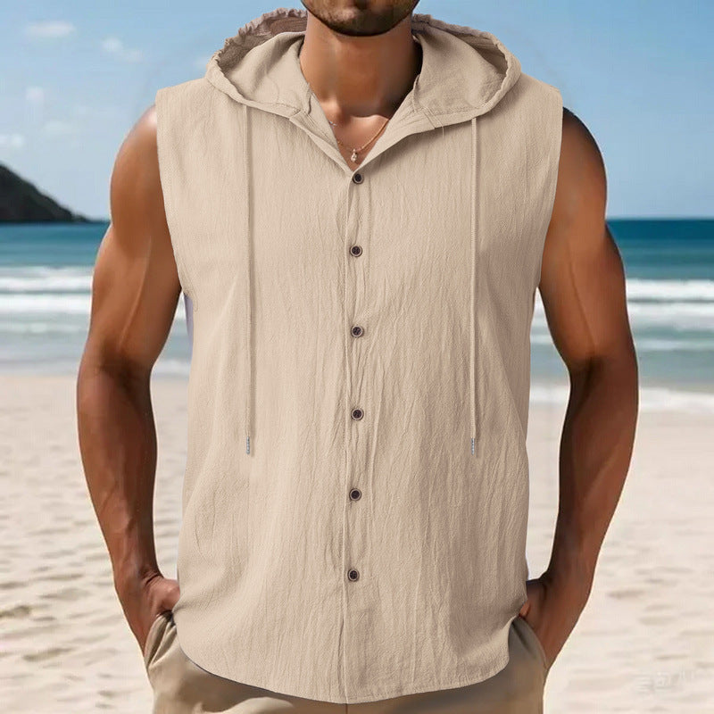 Mens Sleeveless Linen Hooded Shirt