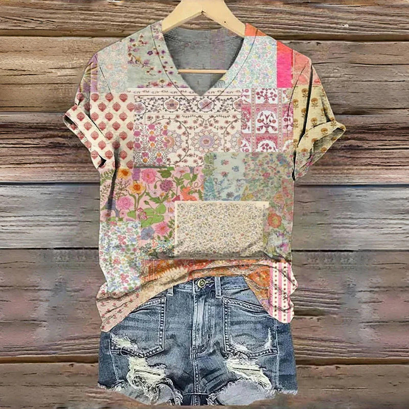 3D Digital Print T-Shirt Womens V-Neck Short-Sleeve Top