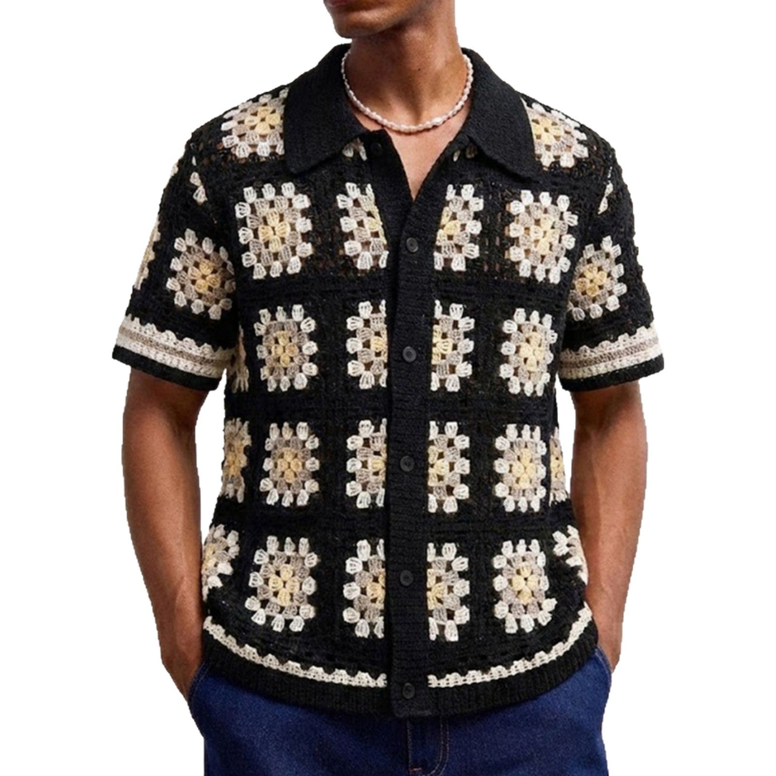 Mens Short-Sleeve Contrasting Color Crochet Hollow-Out Knit Sweater