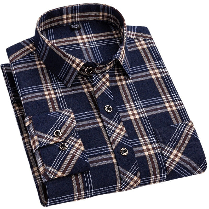 Mens Loose-fit Cotton Plaid Long-sleeve Shirt