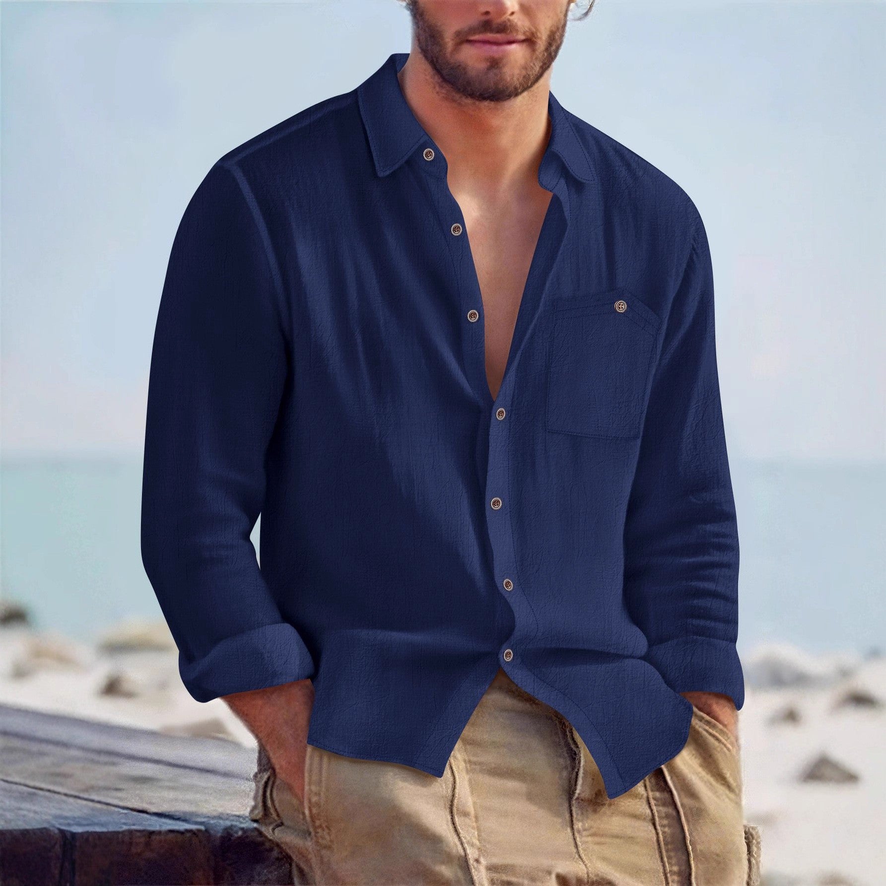 Mens Linen Loose-fit Solid-color Lapel Cardigan Shirt