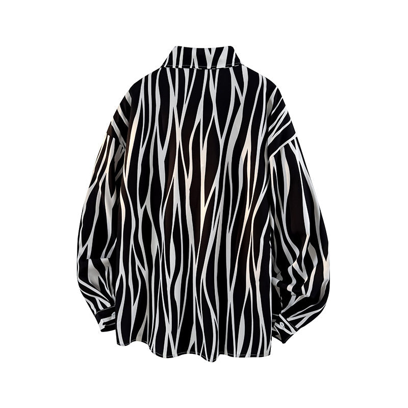 Mens Loose-fit Plus-size Striped Long-sleeve Shirt