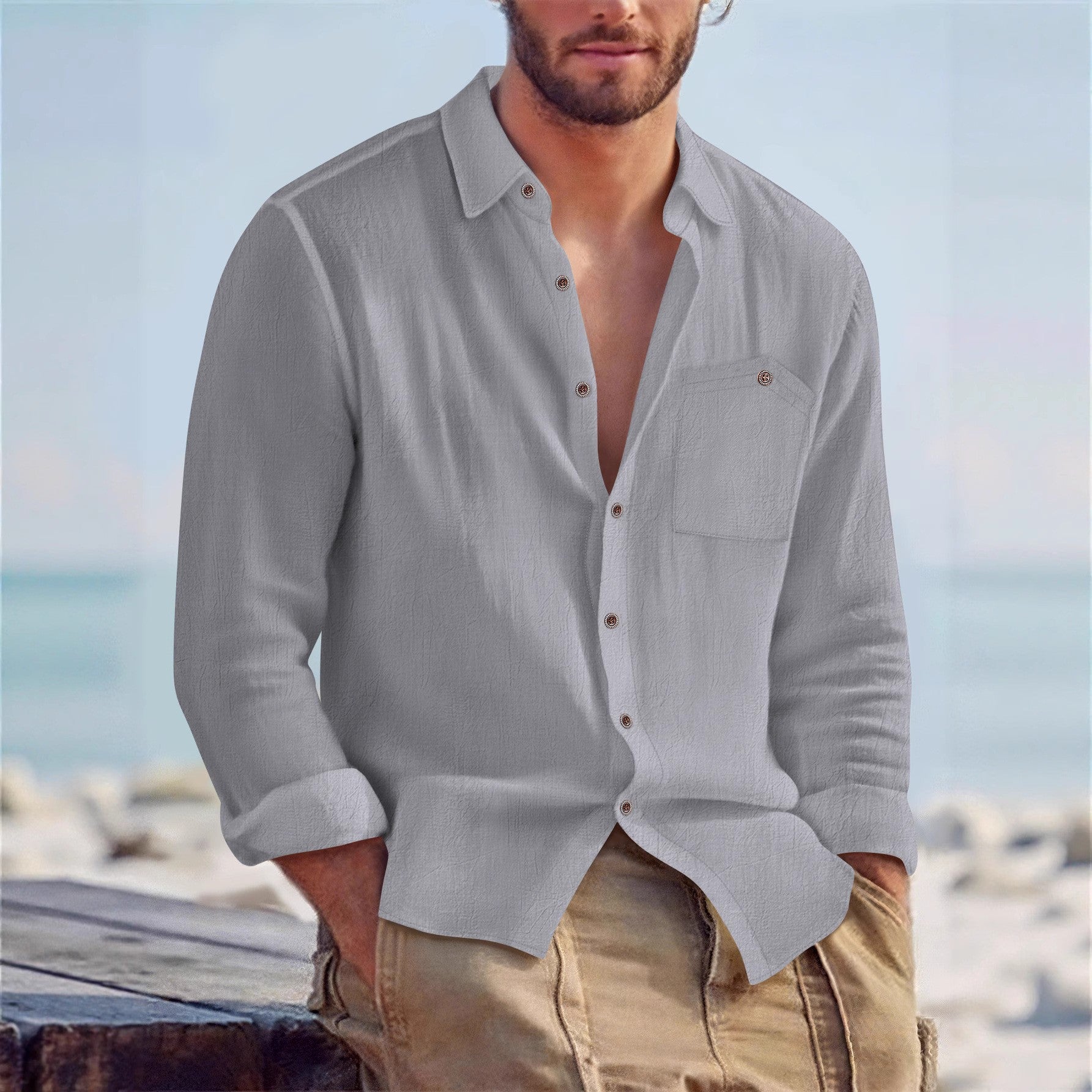 Mens Linen Loose-fit Solid-color Lapel Cardigan Shirt