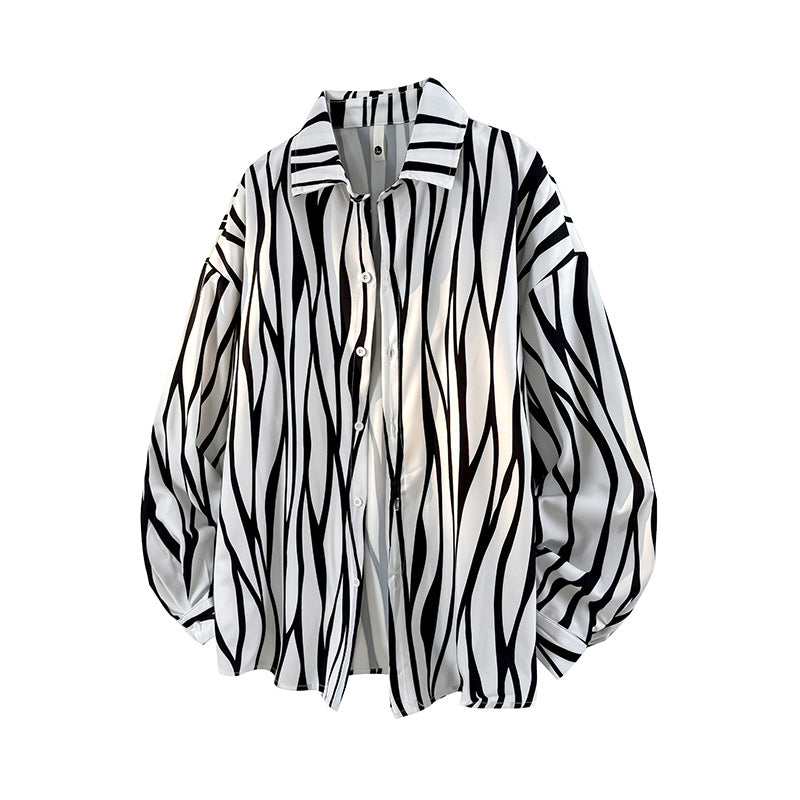 Mens Loose-fit Plus-size Striped Long-sleeve Shirt
