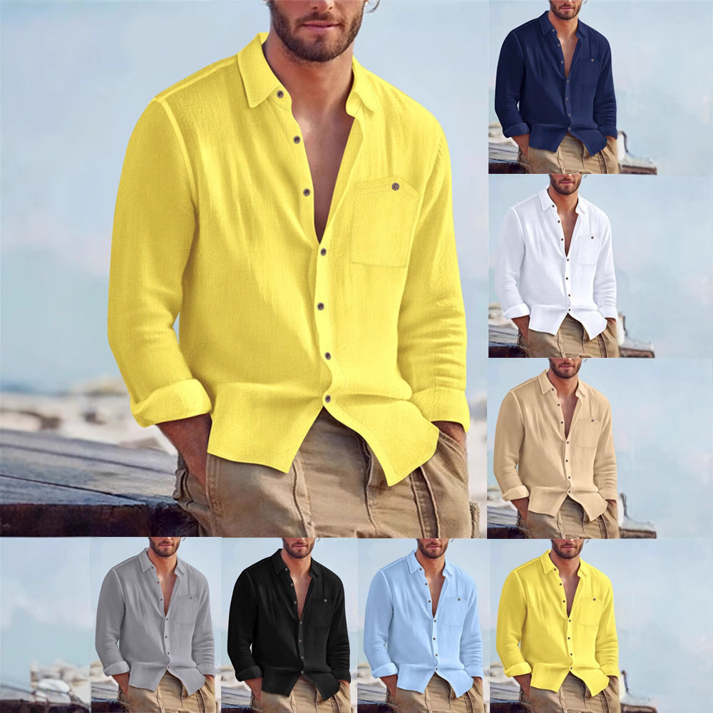 Mens Linen Loose-fit Solid-color Lapel Cardigan Shirt